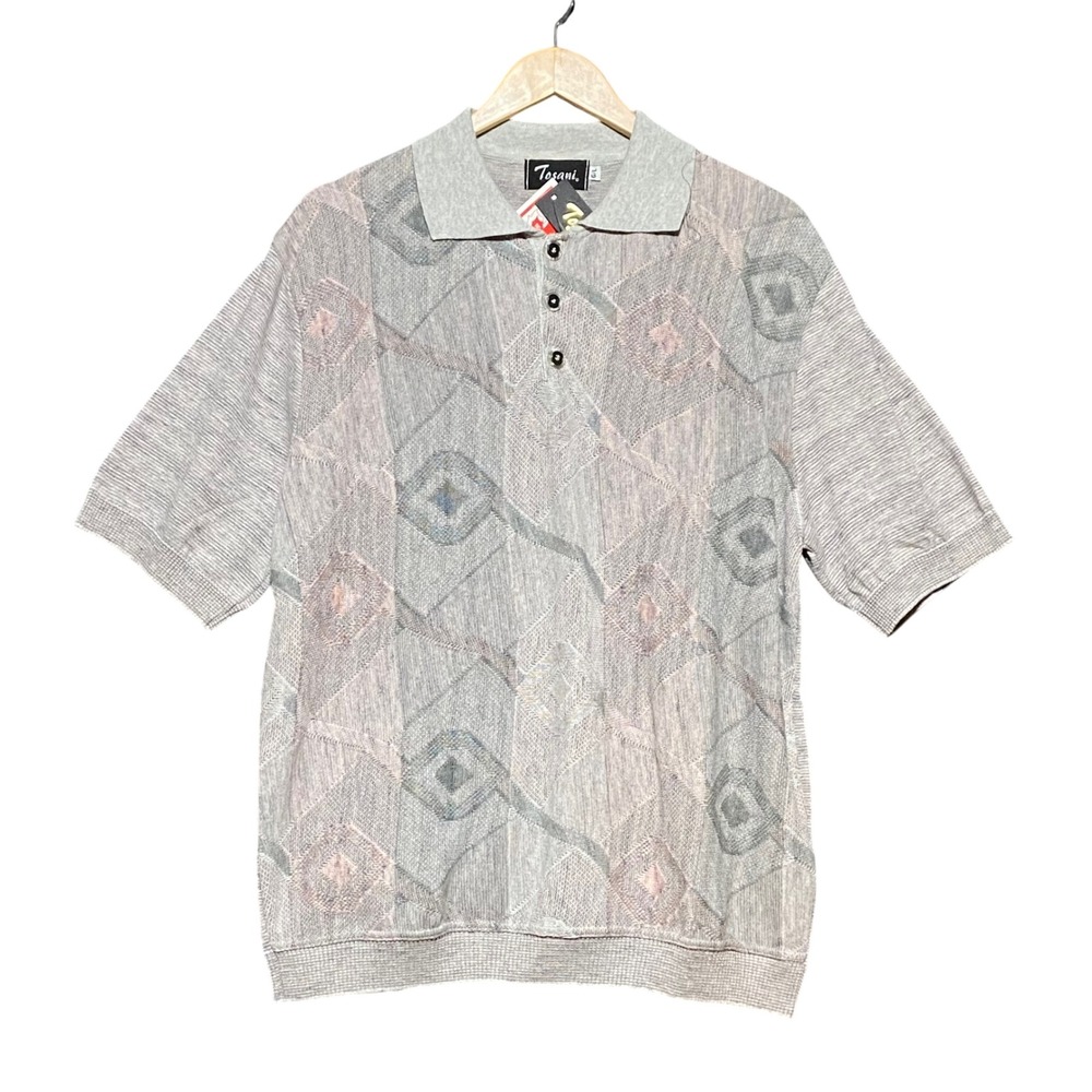 VTG Tosani Canada Mens L Grey Geometric Knit Polo Shirt Coogi Style NWT 90s